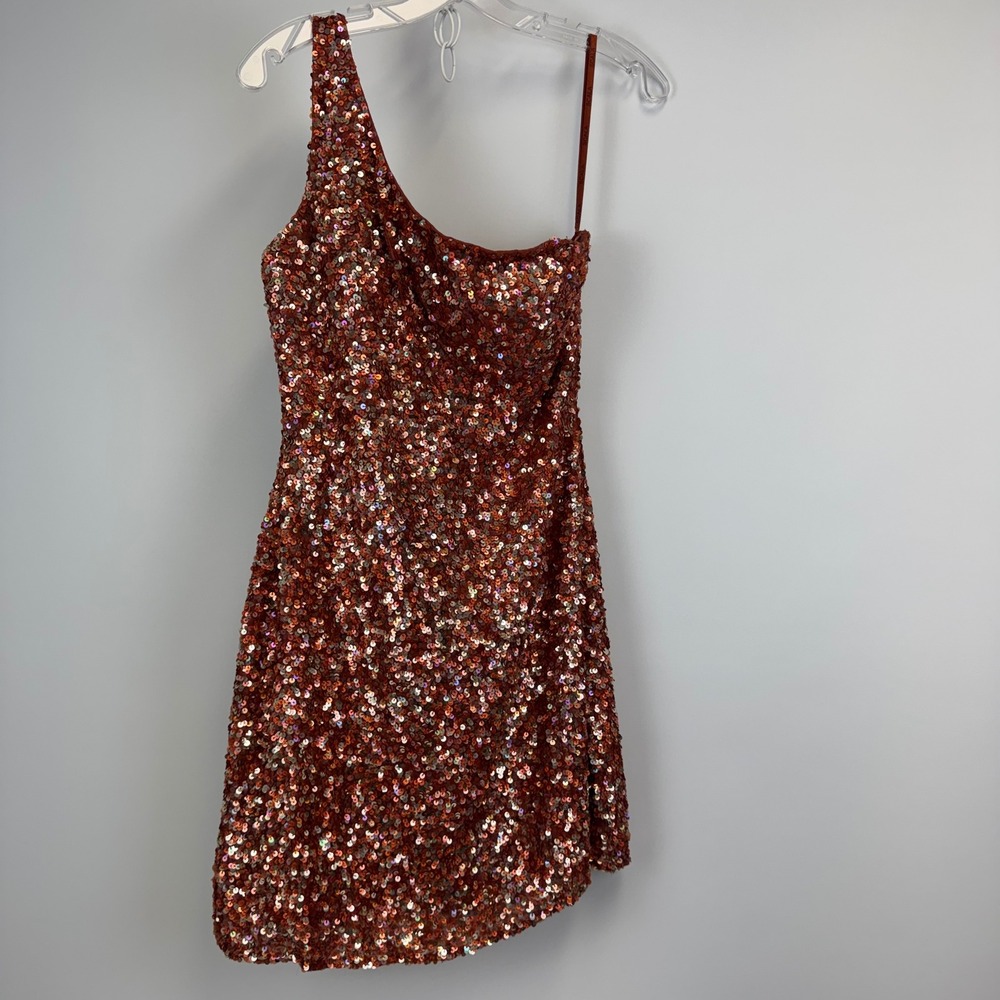 Scala Womens One Shoulder Sequin Silk Mini Dress Burnt Orange Copper Size 6
